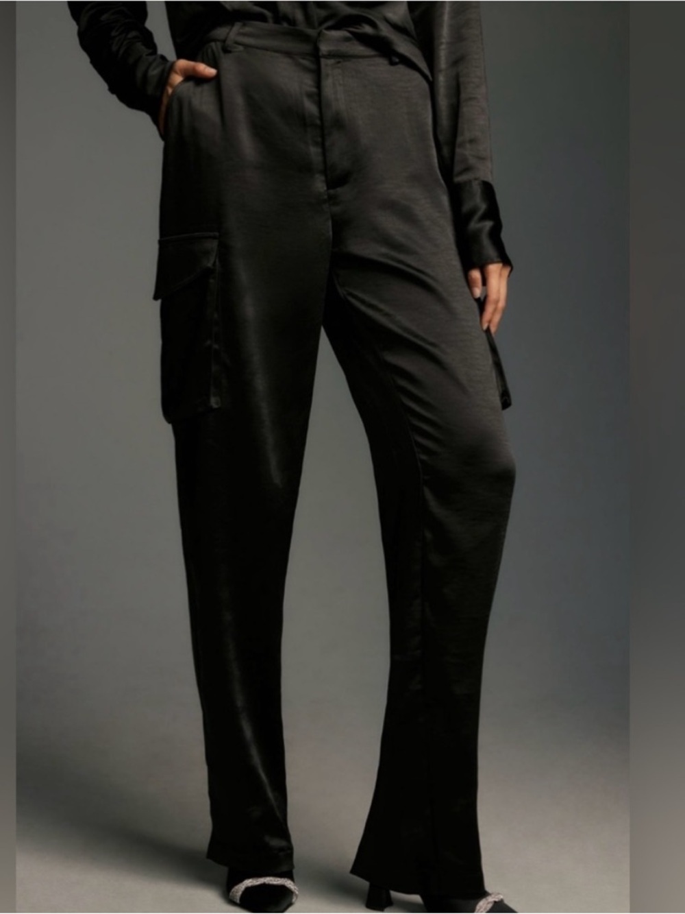 NWT Good American Washed Satin Cargo Pants Black Size 2 Revolve - Picture 3 of 17